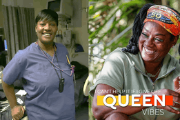 Split image of Cirie Fields smiling in hospital scrubs as a nurse on the left and wearing a Survivor 50 buff while competing on Survivor on the right with text reading “Queen Vibes.”