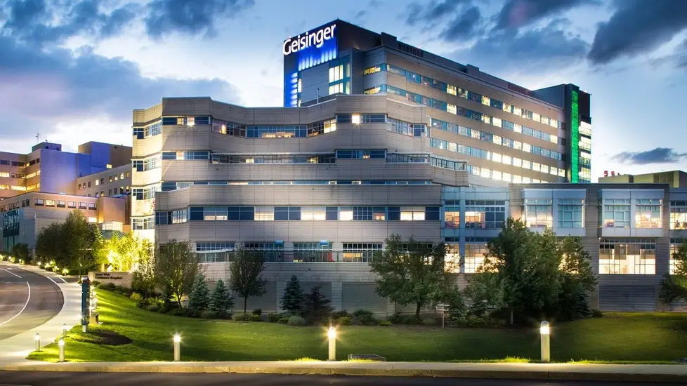 Geisinger Medical Center in Danville, Pennsylvania, at dusk.