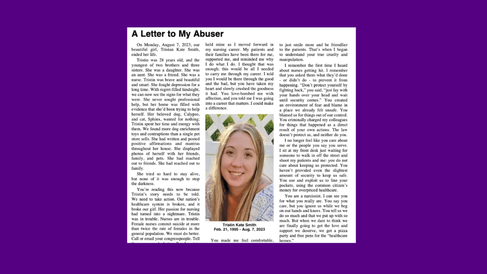 Nurse Who Died by Suicide Left Letter to the Healthcare System She Called Her “Abuser”