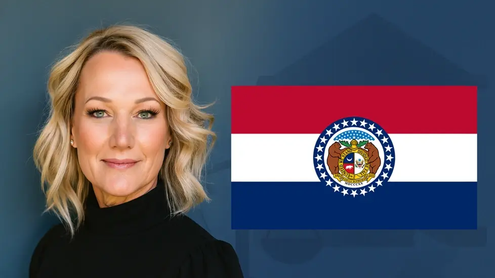 Marcy Markes beside the Missouri state flag with a subtle legal-themed background.