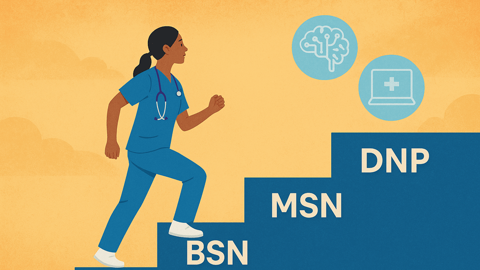 A nurse climbs steps labeled RN, BSN, MSN, and DNP toward icons of AI and telehealth, symbolizing career growth.