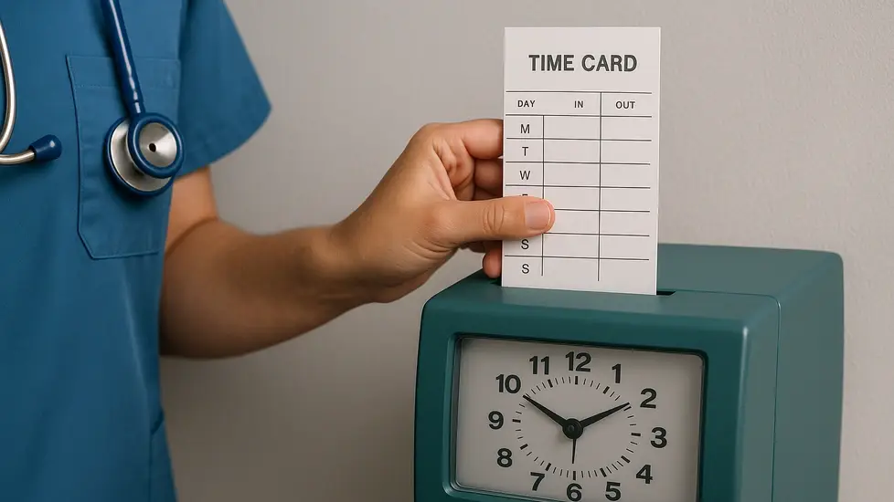 A nurse in scrubs with a stethoscope clocks in with a time card, symbolizing unpaid labor and wage concerns in healthcare.
