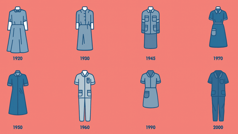 Illustrated timeline of nurse uniforms, showing changes from long dresses and aprons to modern scrubs and jogger sets.