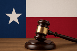 A wooden judge’s gavel with a gold band rests on a sound block in the foreground, set against the backdrop of the Texas state flag with its blue, white, and red sections and a prominent white star.
