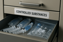 Open drawer labeled “Controlled Substances” containing syringes, IV bags, and vials of medication in a hospital or clinical setting.
