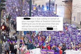 Group of protesters with text bubble overhead