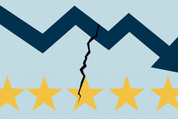 Five gold stars with a downward arrow and a crack through the middle, symbolizing declining ratings from leadership turnover.