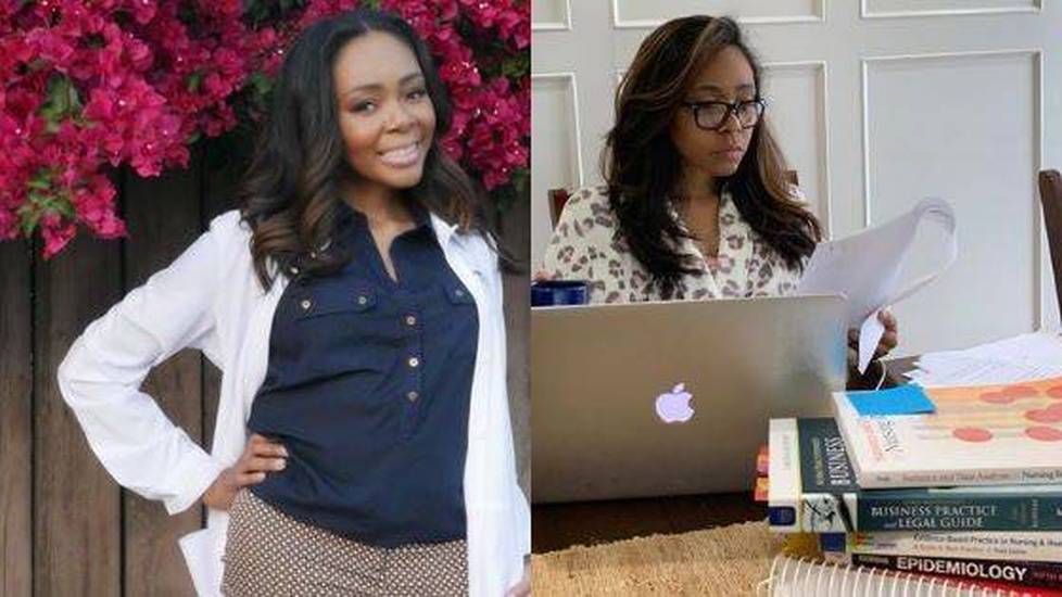 Healthcare professional in lab coat and studying on laptop