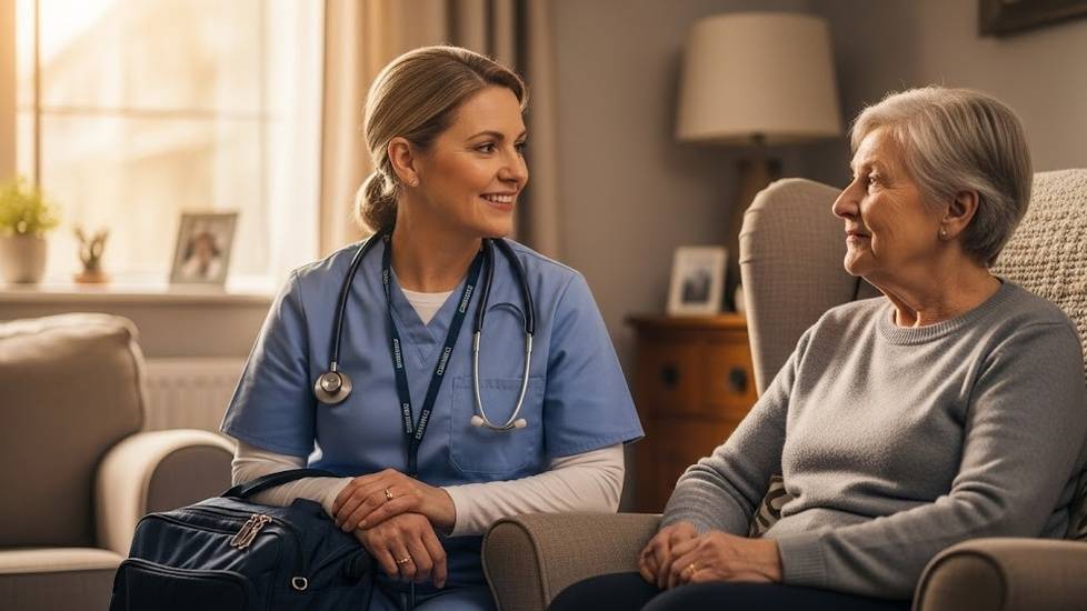 Horizontal image of a nurse practitioner providing compassionate care to an elderly woman in her home, captured with a natural, candid style.