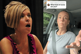 Side-by-side images of Kate Gosselin—left from her Jon & Kate Plus 8 TV days with a bob haircut, right in 2025 wearing scrubs and sharing about her pediatric nursing work.