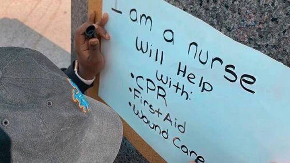 Sign stating nurse can help with cpr, first aid, and wound care