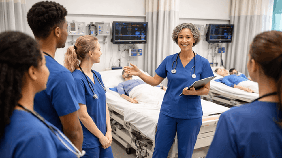 Nurse educator teaching a group of nursing students in a clinical simulation lab with patient mannequins and monitoring equipment.