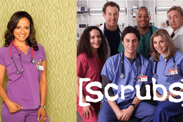 Photo of Carla Espinosa from Scrubs in purple scrubs next to promotional cast photo of Scrubs medical staff in hospital setting.