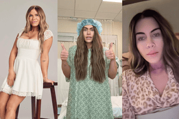 Jessi Ngatikaura in a three-panel collage: posing confidently in a white lace-trimmed dress, giving two thumbs up in a hospital gown and surgical cap, and relaxing at home in leopard-print pajamas.