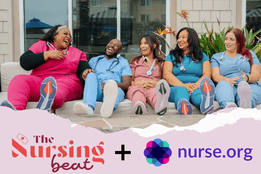 Nurses in scrubs sitting together with The Nursing Beat and Nurse.org logos representing their partnership.