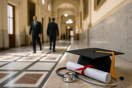 Graduation cap, diploma, and stethoscope on a marble ledge in the U.S. Capitol hallway with legislators walking in the background.