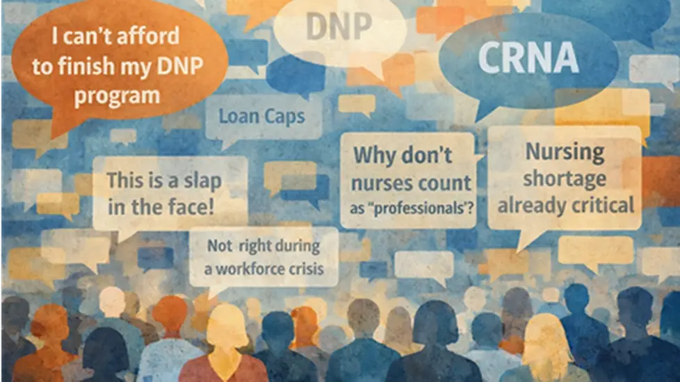 Illustration representing public comments on nursing education loan caps and professional classification.