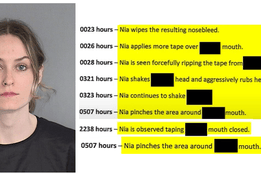Mugshot of a person in a black shirt with an orange collar, shown next to a highlighted timeline detailing incidents of abuse, including applying tape over a mouth