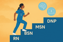 A nurse climbs steps labeled RN, BSN, MSN, and DNP toward icons of AI and telehealth, symbolizing career growth.