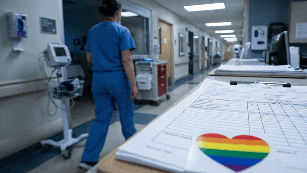 A medical clipboard with a heart-shaped LGBTQ+ flag sticker rests on a counter at a busy hospital nurses' station.