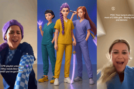 Three photos show nurses in scrubs: two real nurses dancing and doing the CPR challenge, and one animated trio styled nurses as K-pop demon hunters with glowing weapons.