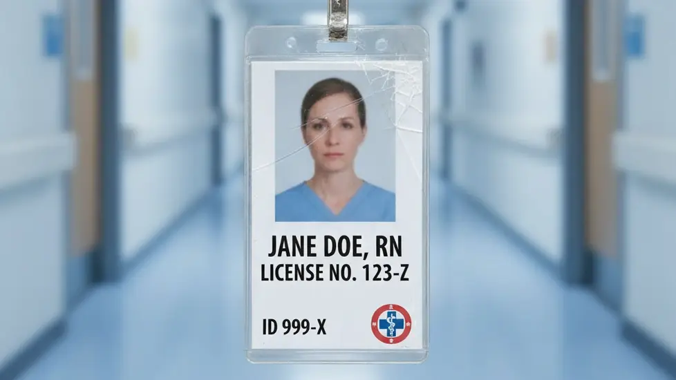 A close-up of a blurred, cracked ID badge for "Jane Doe, RN" with "License No 123-Z" and "ID 999-X," hanging in a hospital corridor, symbolizing falsified credentials.