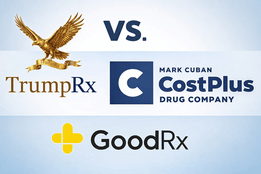 Logos of TrumpRx, Mark Cuban’s Cost Plus Drug Company, and GoodRx displayed in a side-by-side comparison graphic.