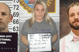 Mugshots of individuals involved in the Amy Murray case: Amy Murray holding a placard with her name and booking details, a mugshot of Eugene Claypool and her husband Joshua Murray