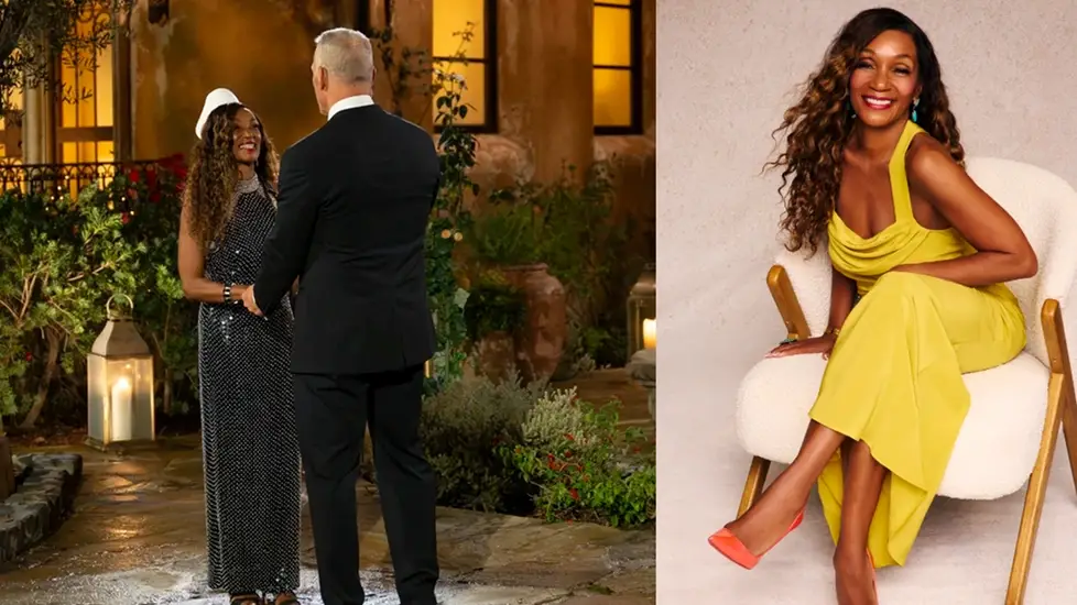 Nurse Gerri Flowers, stylishly dressed, meets Mel Owens on The Golden Bachelor premiere; Gerri is also shown seated in a yellow dress.