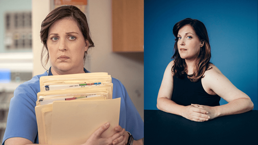 Split image: Allison Tolman as frazzled St. Denis Medical nurse Alex with charts (left); portrait in black top (right).