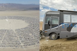 Left: Aerial view of Black Rock City at Burning Man, showing thousands of camps arranged in a half-circle in the desert. Right: Gray RV with “IT’S A GIRL!” painted in blue across the side.