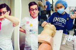 Pregnant nurse taking selfies and practicing healthcare on dummy