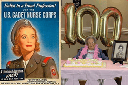 World War II U.S. Cadet Nurse Corps recruitment poster next to centenarian Agnes Lowe celebrating her 100th birthday, seated in front of a cake with pink decorations and balloons.
