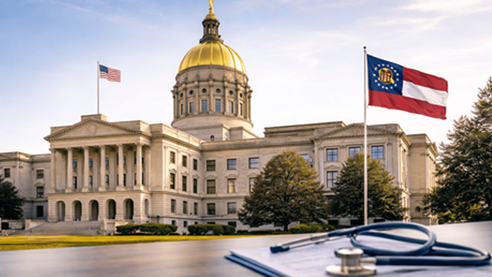 Georgia State Capitol with gold dome and Georgia state flag, with a medical clipboard and stethoscope in the foreground.