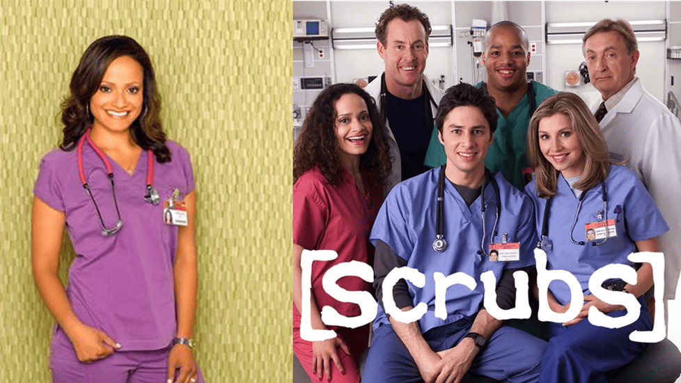 Photo of Carla Espinosa from Scrubs in purple scrubs next to promotional cast photo of Scrubs medical staff in hospital setting.