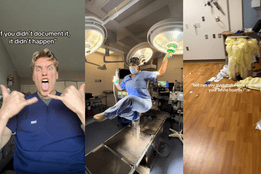 Collage of TikTok clips showing nurses in scrubs doing the latest TikTok trends: Charting #Facts, Nicki Minaj Balance Challenge, Jet2 Holiday